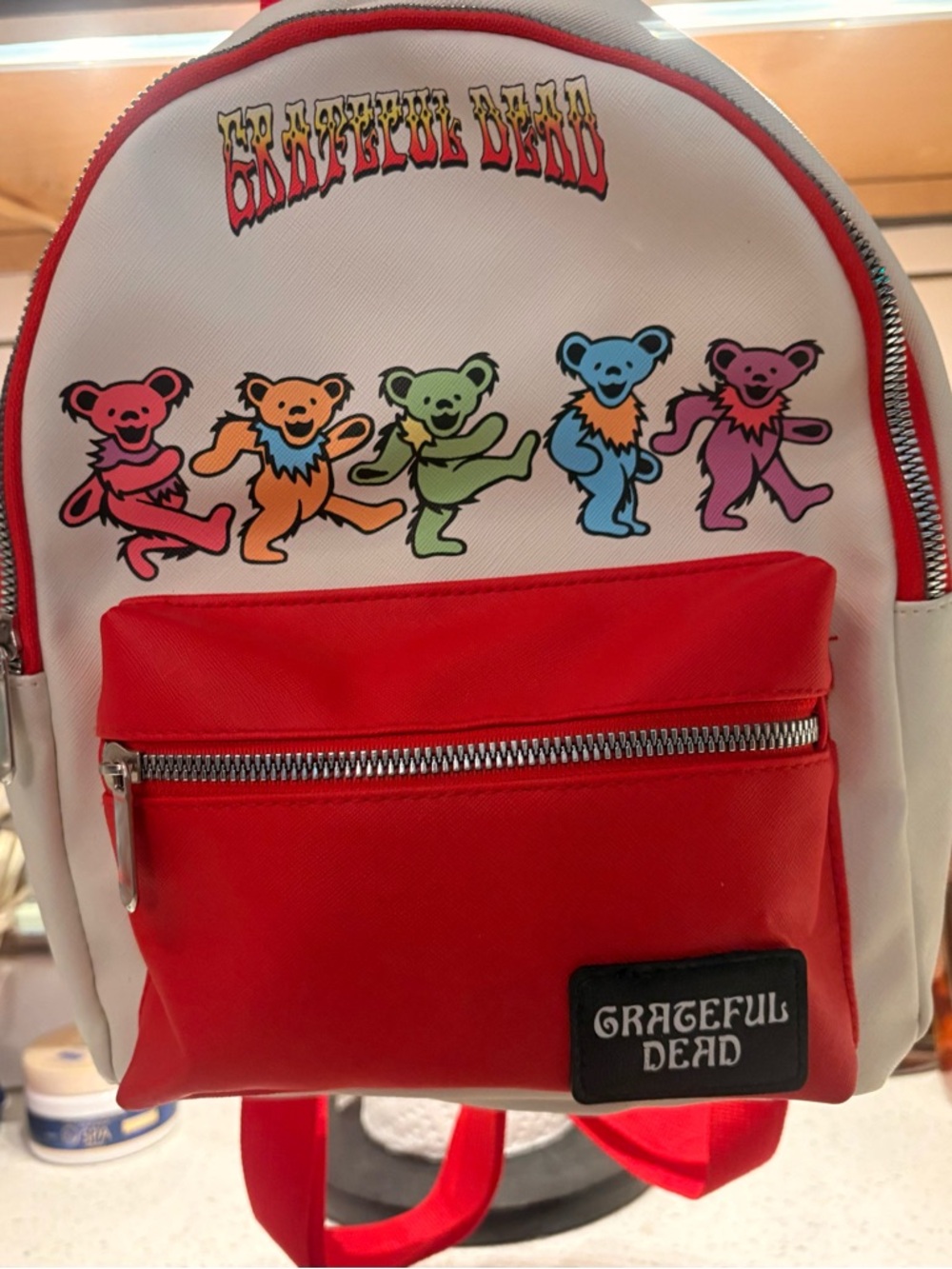 Grateful Dead White Mini Backpack w/Red Pocket & Multicolor Dancing Bears